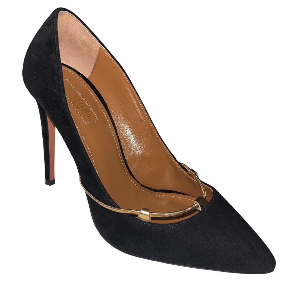 Aquazzura Black Suede Pointed Toe Stiletto Pumps with Gold Accent
